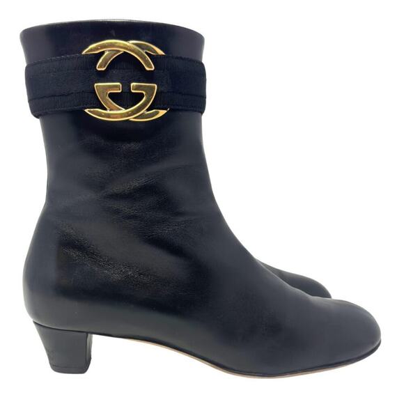 Gucci GG Logo Interlocking Monogram Black Leather High Heels Mid-Calf Boots 37.5 - Picture 5 of 11